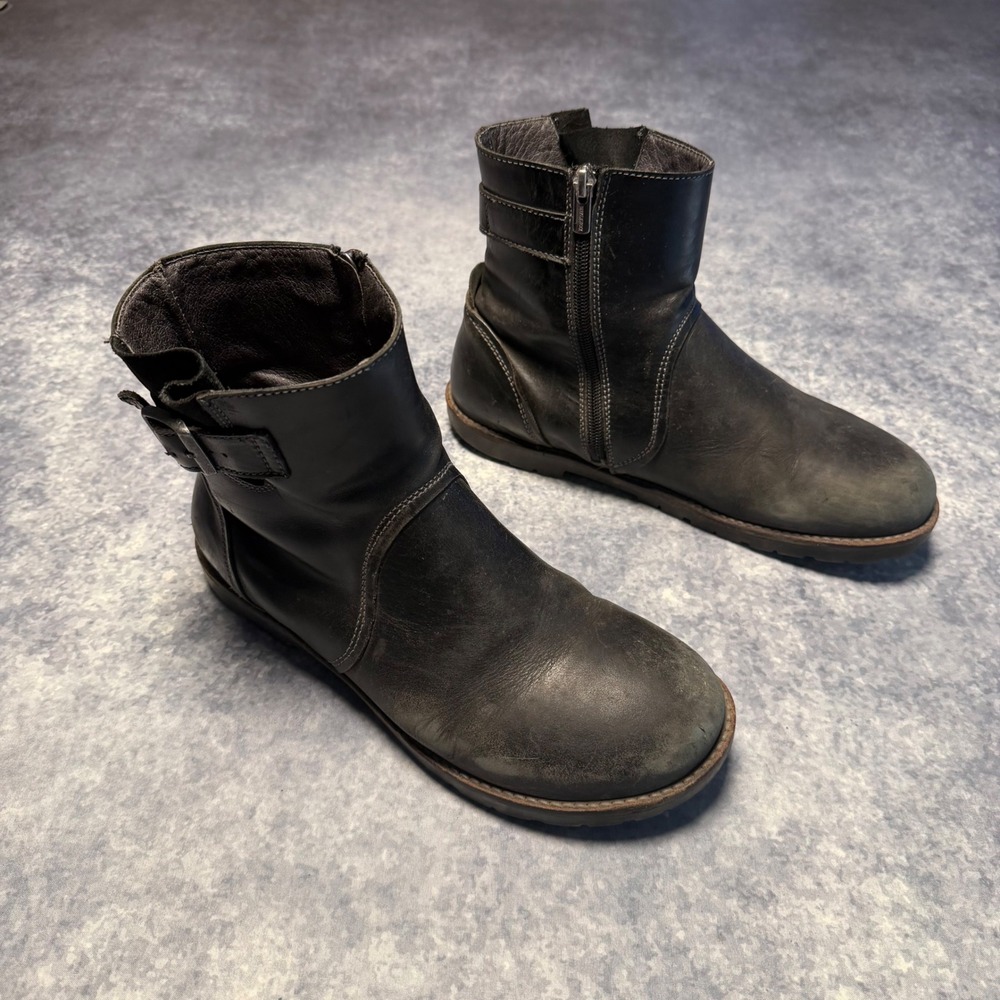 Birkenstock Stowe Womens Boots 40 L9 Black Leather Side Zip Moto Buckle Biker